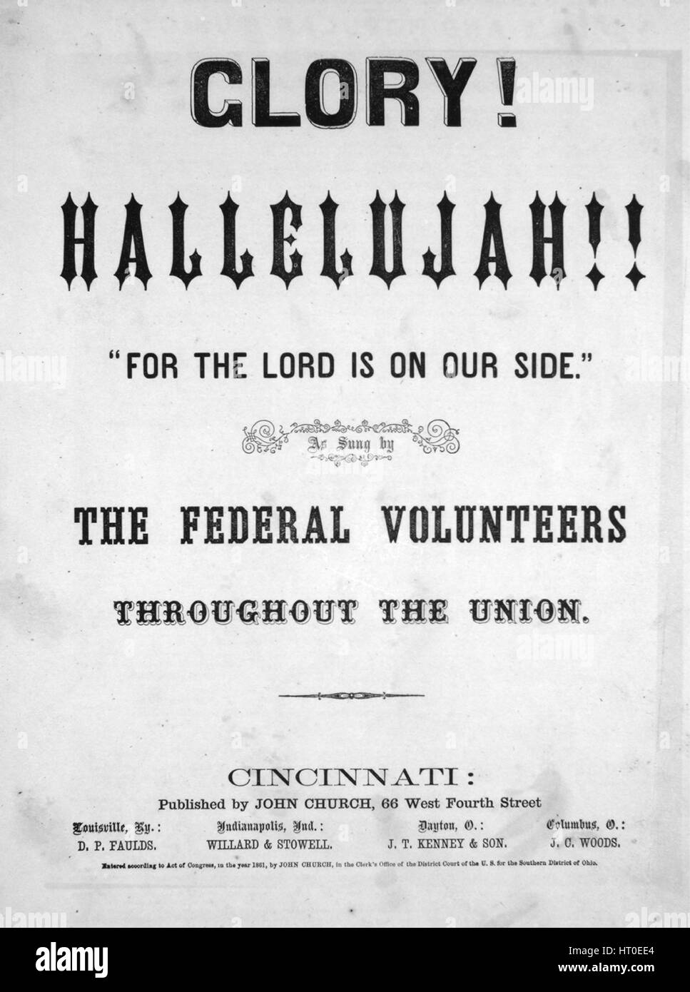Imagen de cubierta de partituras de la canción 'Gloria! ¡Aleluya!!", con  notas de autoría original leyendo 'na', Estados Unidos, 1861. El editor  está clasificada como 'John Church, 66 West Fourth Street", la