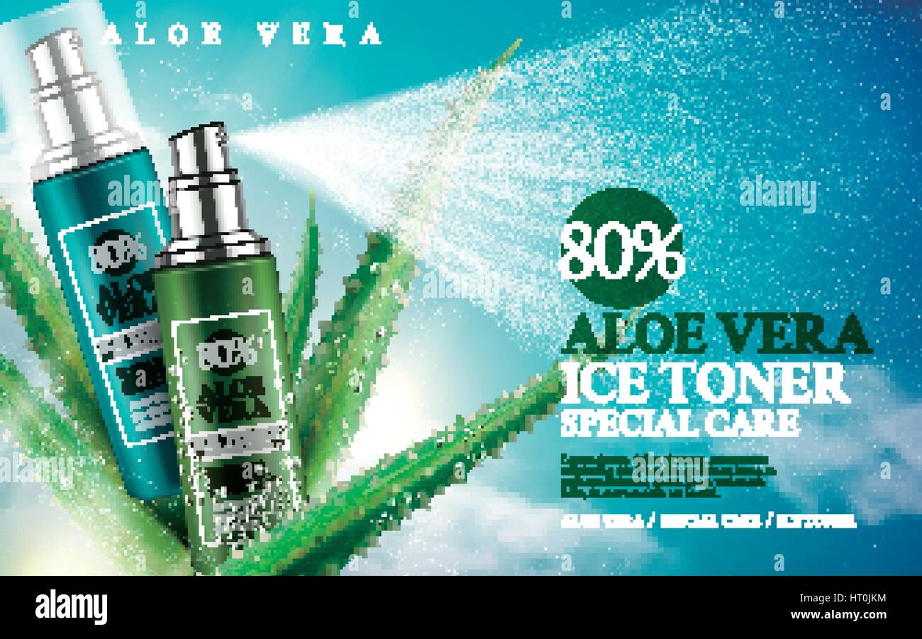 Aloe Vera contiene tóner hielo en frascos pulverizadores, ilustración 3d Ilustración del Vector