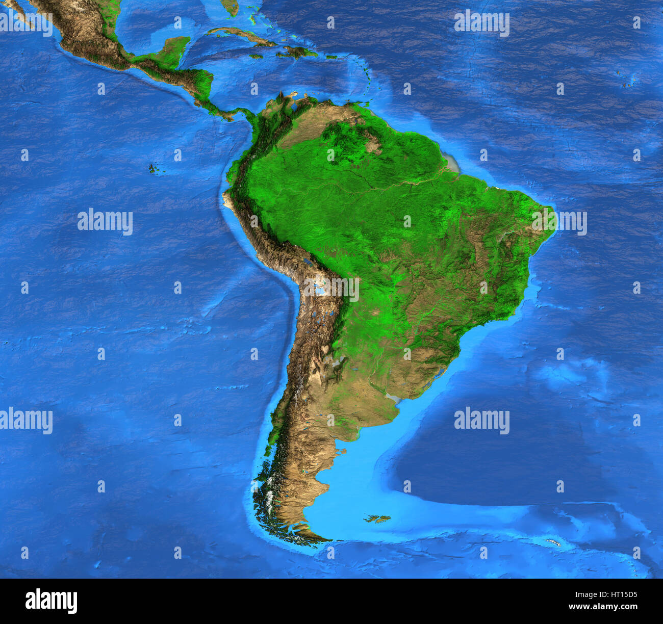 Detallada vista de satélite de la Tierra y su topografía. Mapa de América del Sur. Los elementos de esta imagen proporcionada por la NASA Foto de stock