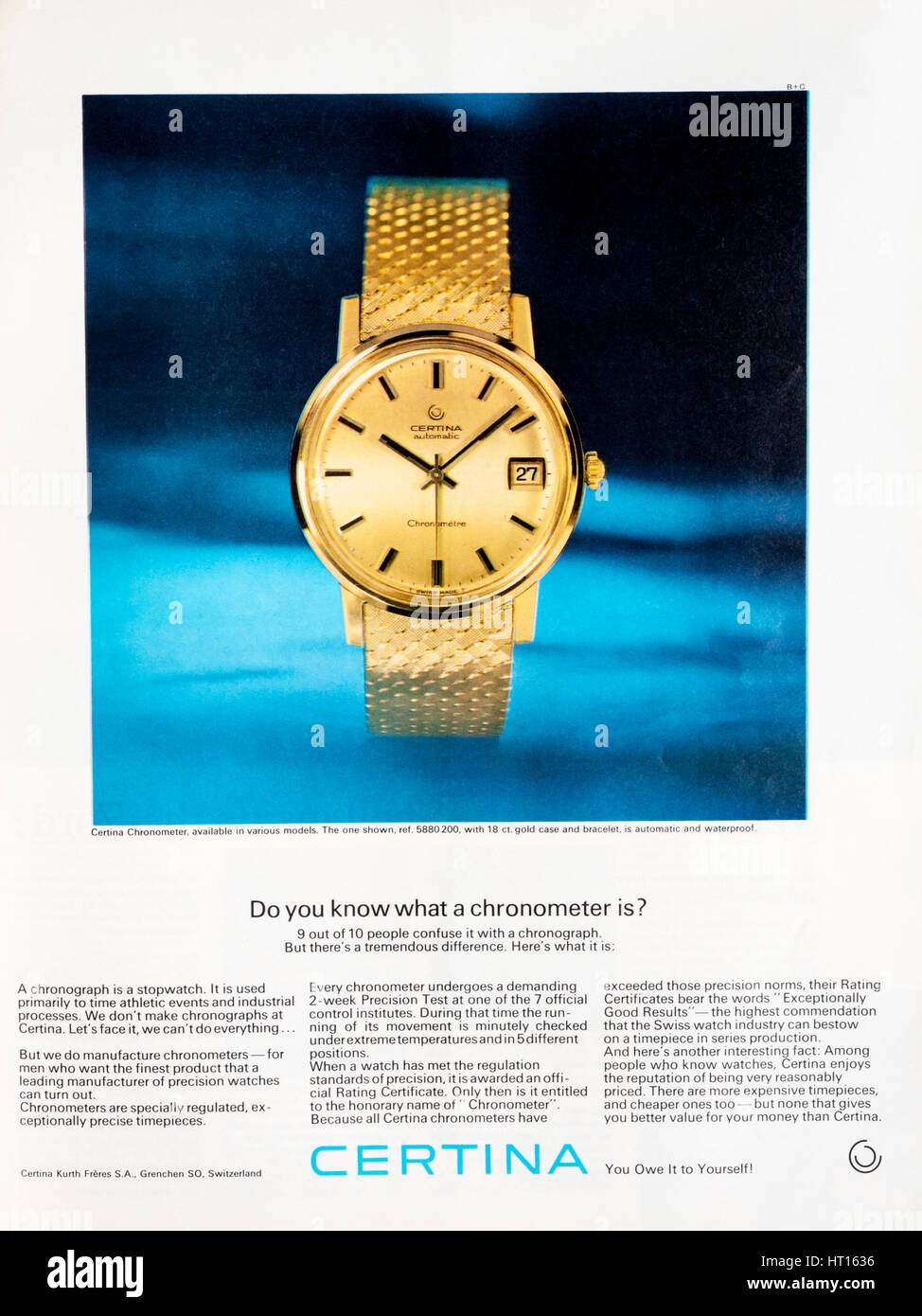 Un anuncio para la revista 1960 Certina relojes de lujo o cronómetros. Foto de stock