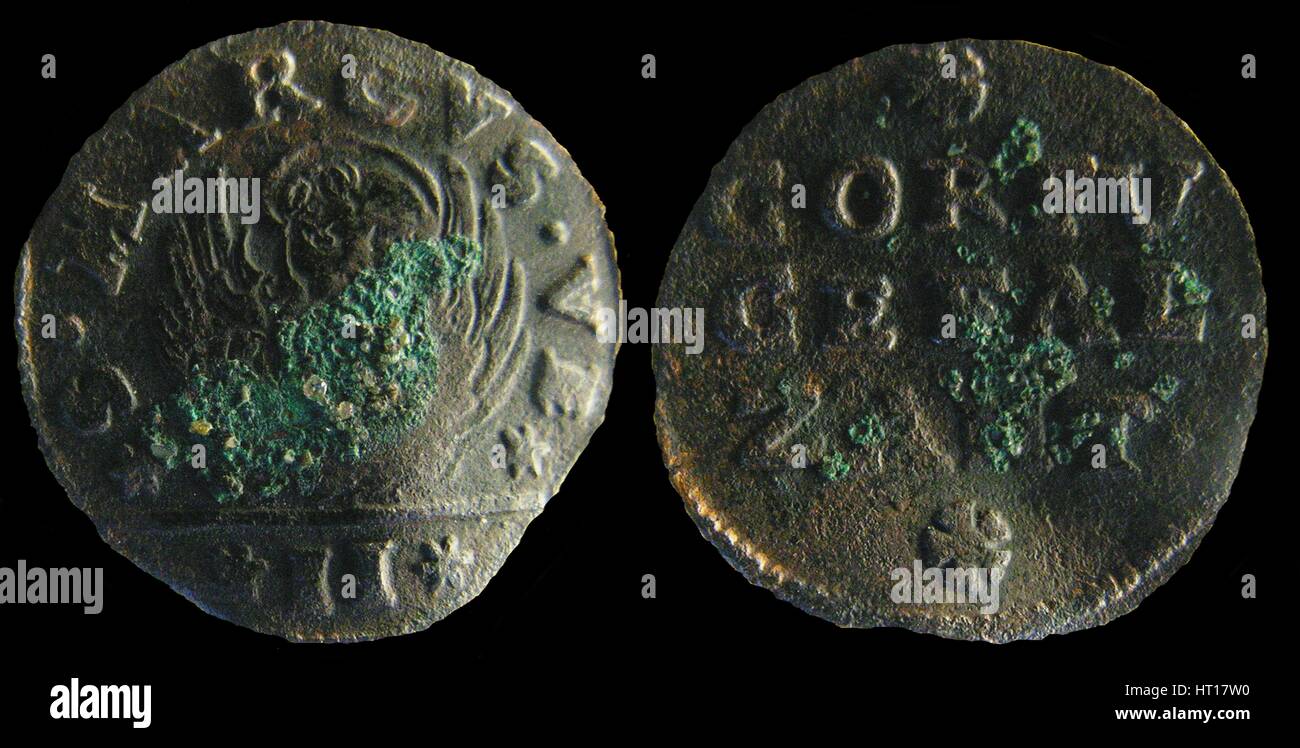 Gazzetta colonial veneciano (moneda) de las Islas Jónicas. (Gazzetta = 2 soldi), 1710-1724. Artista: Numismática, monedas de Europa Occidental Foto de stock