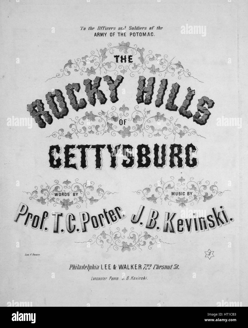 Imagen de cubierta de partituras de la canción 'Las Colinas rocosas de  Gettysburg", con notas de autoría original leyendo 'palabras por Prof TC  Porter música por JB Kevinski', Estados Unidos, 1864. El