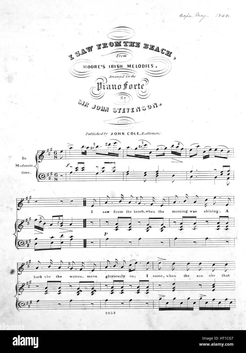 Imagen de cubierta de partituras de la canción 'He visto desde la playa,  desde melodías irlandesas de Moore", con notas de autoría original leyendo  'arreglados para Piano Forte por Sir John Stevenson",