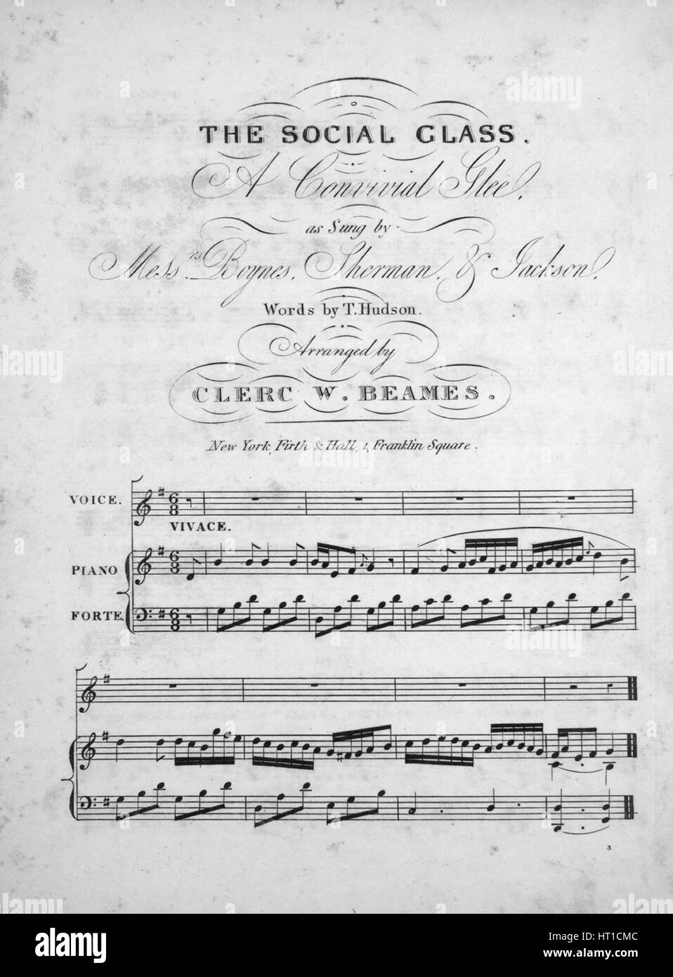 Imagen de cubierta de partituras de la canción "La Clase Social Convidada  Glee", con notas de autoría original leyendo 'palabras por T Hudson  organizado por Clerc W Beames', Estados Unidos, 1900. El