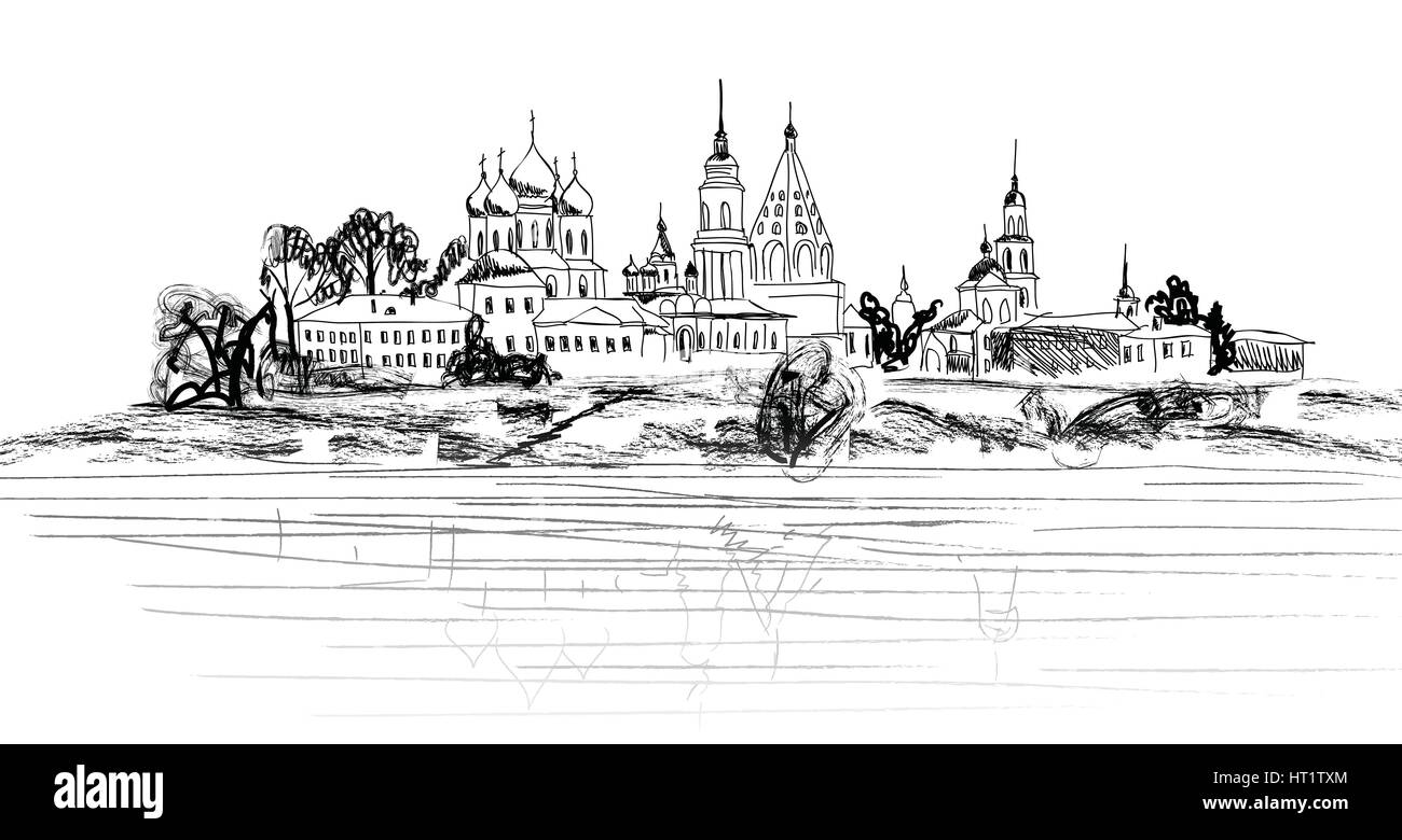 Antigua ciudad rusa paisaje dibujado a mano ilustración vectorial. Suzdal Kremlin. Vistas de suzdal paisaje urbano. El anillo de oro de Rusia. Ilustración del Vector
