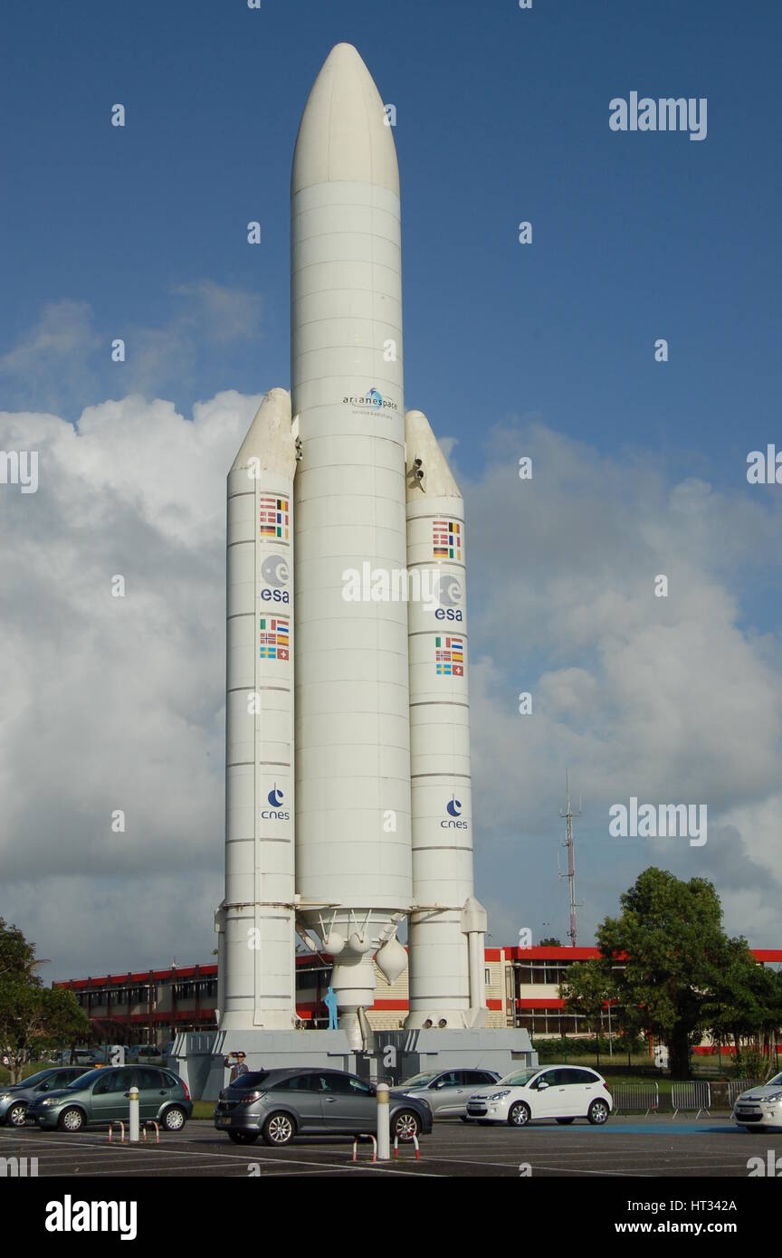 Kourou, Guayana Francesa. 6 Mar, 2017. El modelo de un cohete Ariane en el  Centro Espacial de la Guayana (Centre Spatial Guyanais, CSG) en Kourou,  Guayana Francesa, el 6 de marzo de