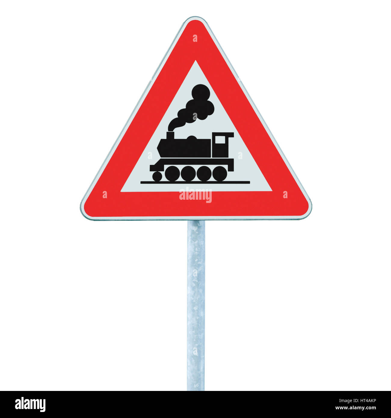 Nivel de señal de carretera cruce ferroviario sin barrera o puerta adelante la carretera, ten cuidado con los letreros de carretera, tren roadsign en polo Foto de stock