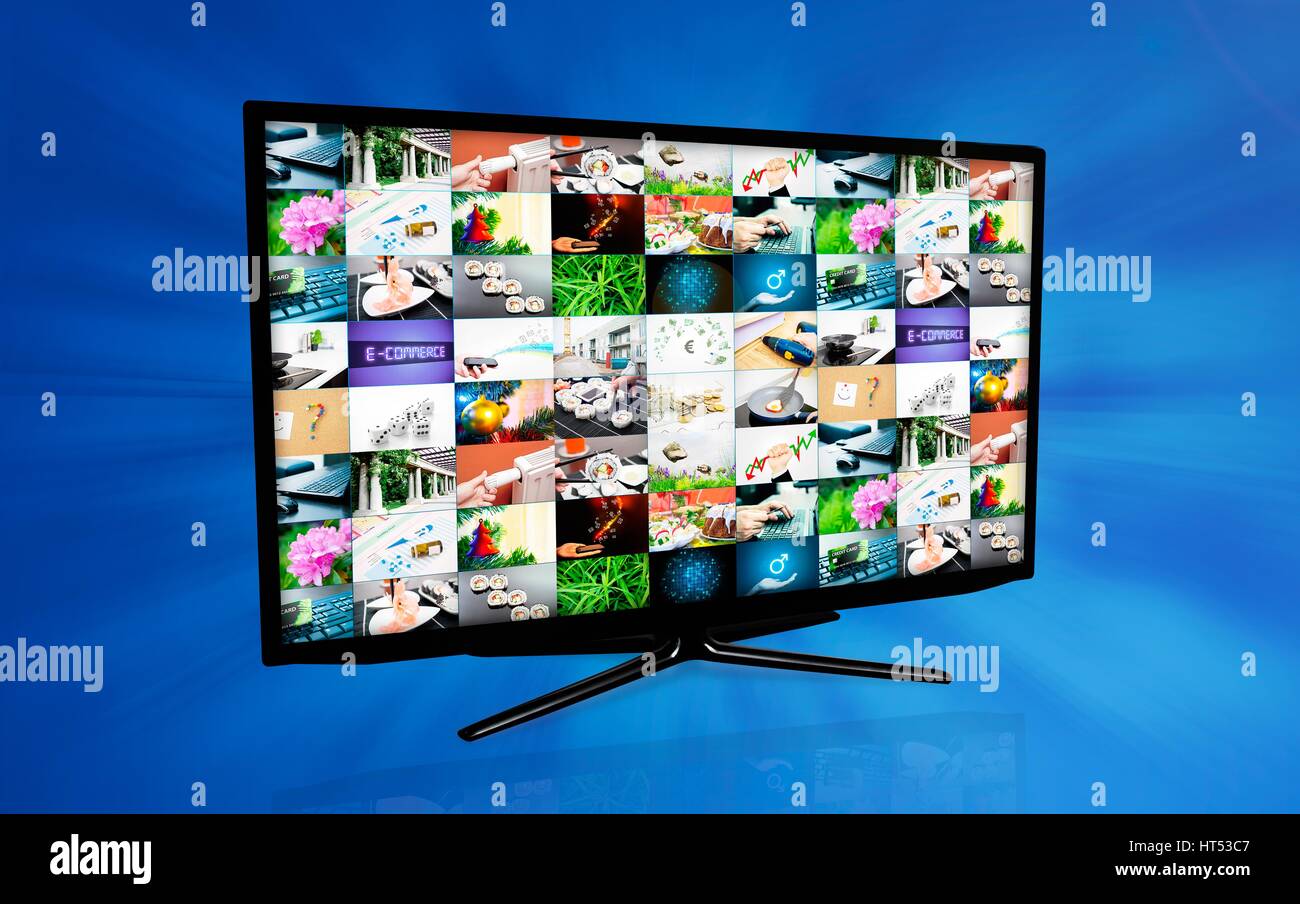 Televisor panorámico de alta definición con pantalla Galería de vídeos.  Televisión e internet concepto sobre fondo azul Fotografía de stock - Alamy