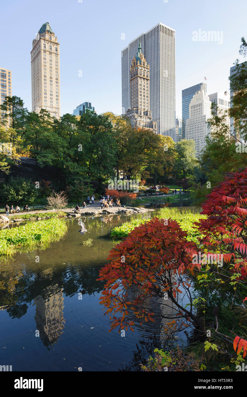 Parque de la ciudad, vista sur de Central Park con estanque y follaje de otoño en el primer plano y el horizonte de Nueva York / rascacielos en el fondo. Foto de stock