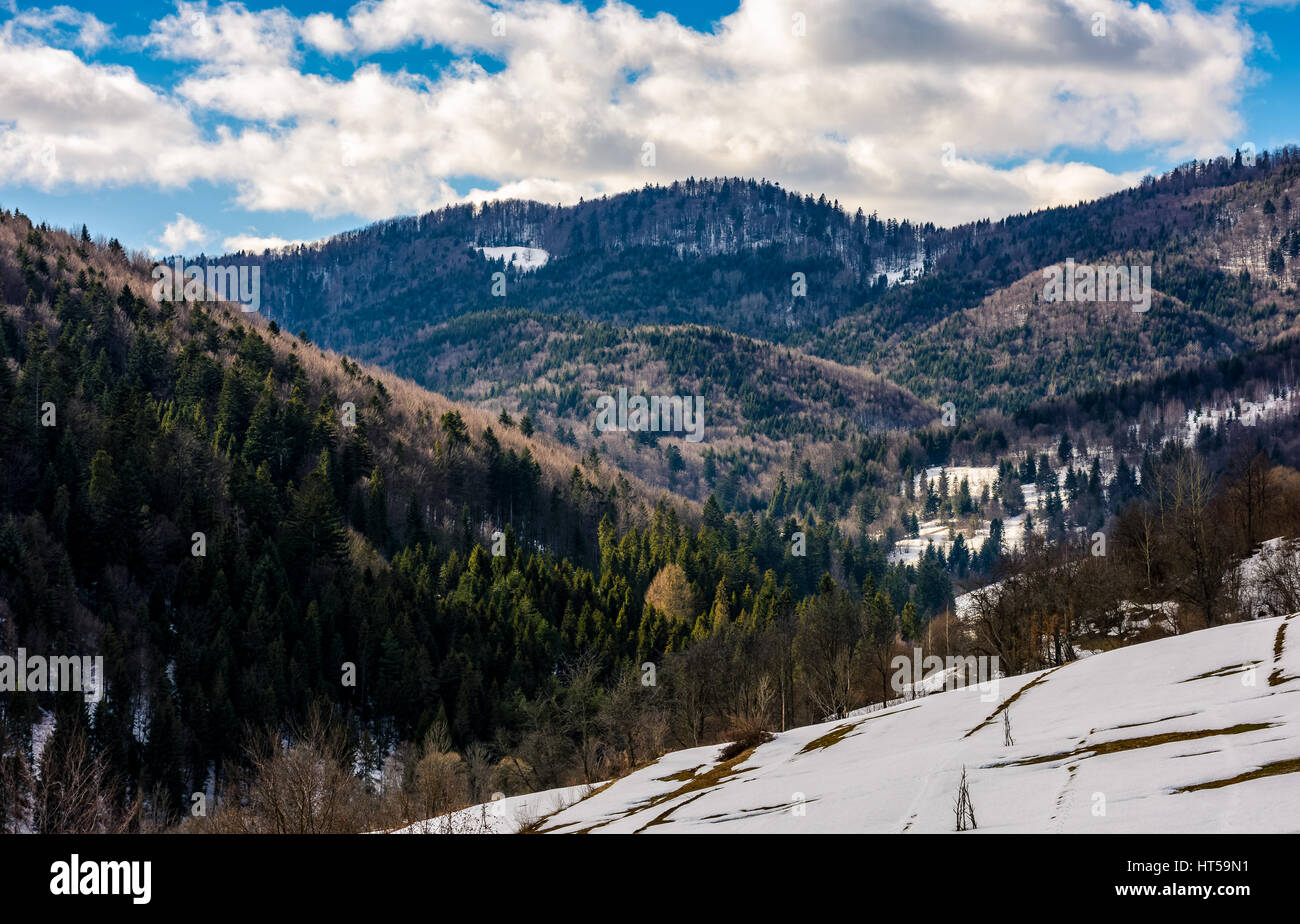 La primavera ha llegado. Últimos días de paisaje invernal. bosques de coníferas en los cerros de una montaña, bajo un cielo azul con nubes Foto de stock