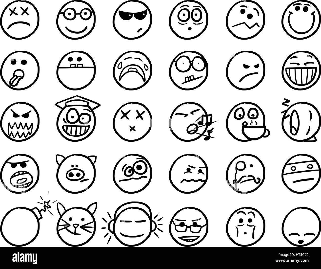 Set02 de iconos SMILEY garabatos dibujos en blanco y negro Ilustración del Vector