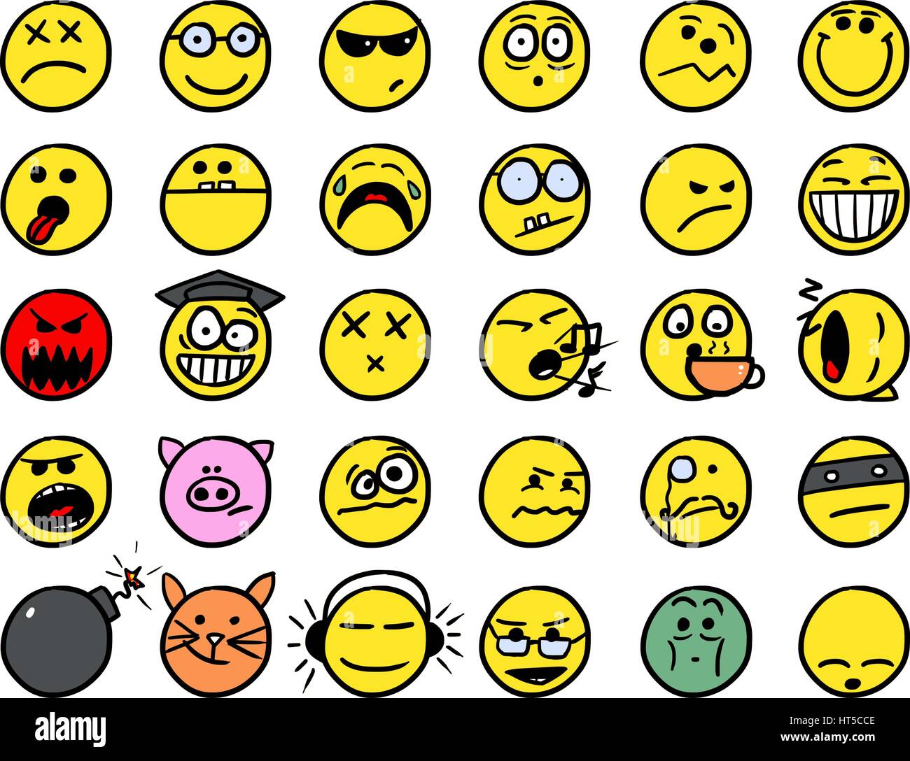 Set02 de smileys dibujos garabatos color inyellow Ilustración del Vector