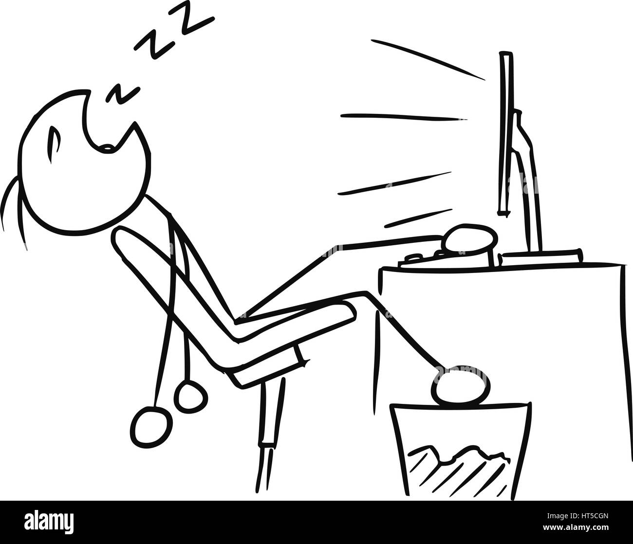 Cartoon vector doodle stickman hombre durmiendo delante del ordenador screenwith pierna sobre la mesa Ilustración del Vector