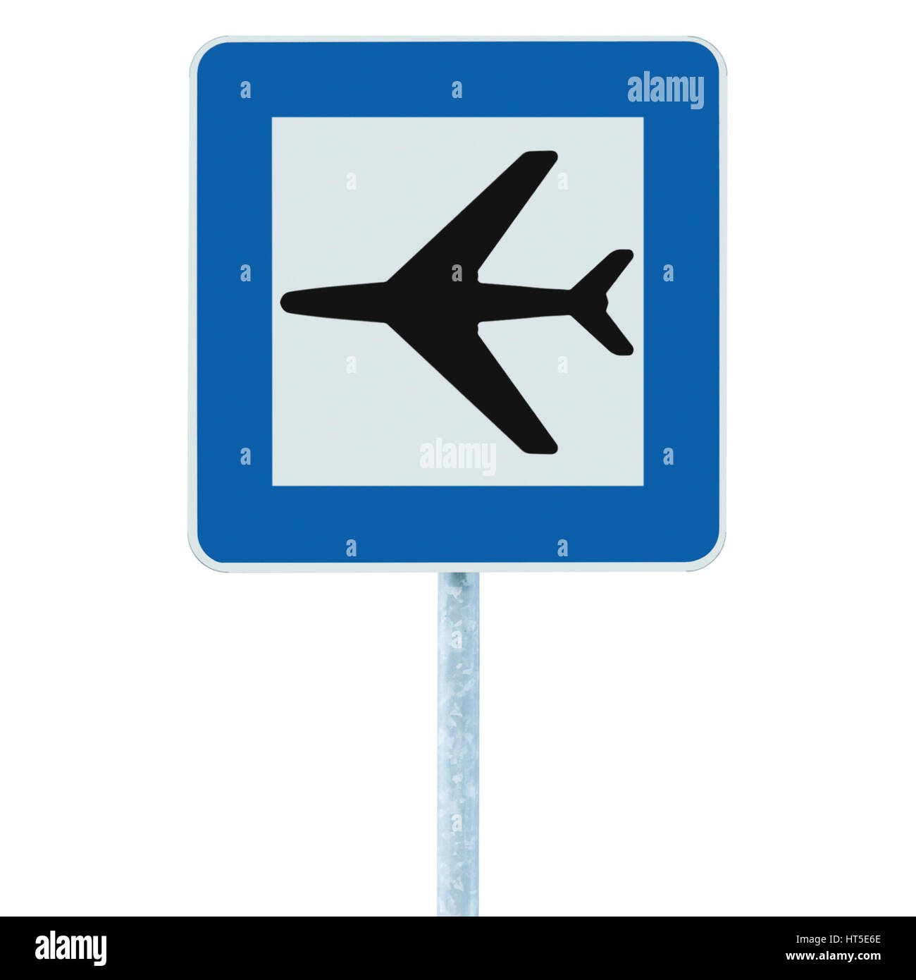 Letrero azul, aislado del tráfico por carretera icono avión Letreros y señalización pole post Foto de stock