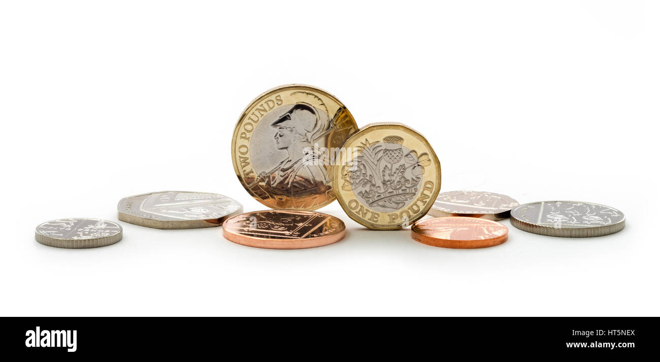 Las monedas británicas de 2017, incluyendo la nueva forma de moneda libra Foto de stock