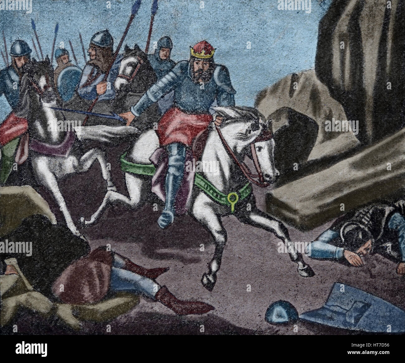 Batalla de Aljubarrota. 14 de agosto de 1385. Decisiva victoria portuguesa. Los beligerantes, Reino de Portugal y la Corona de Castilla. Grabado de grandeza de Foto de stock