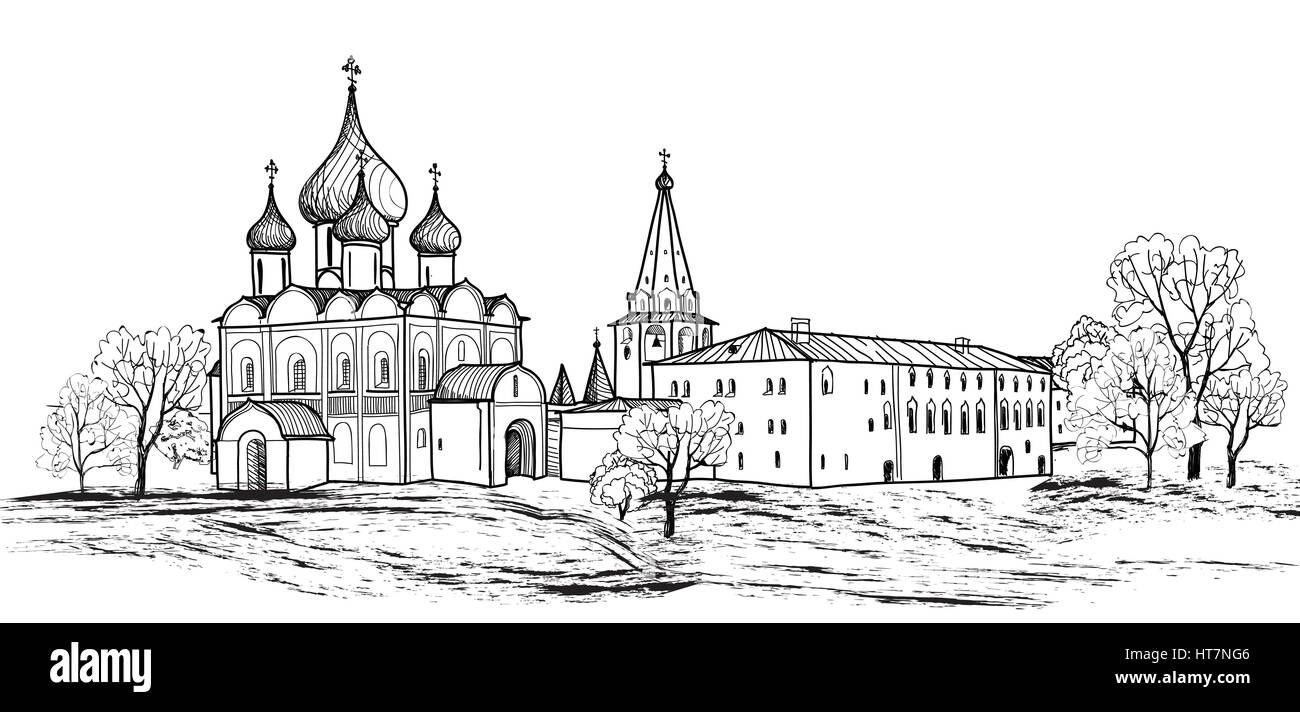 Antigua ciudad rusa paisaje dibujado a mano ilustración vectorial. Suzdal Kremlin. Vistas de suzdal paisaje urbano. El anillo de oro de Rusia. Ilustración del Vector