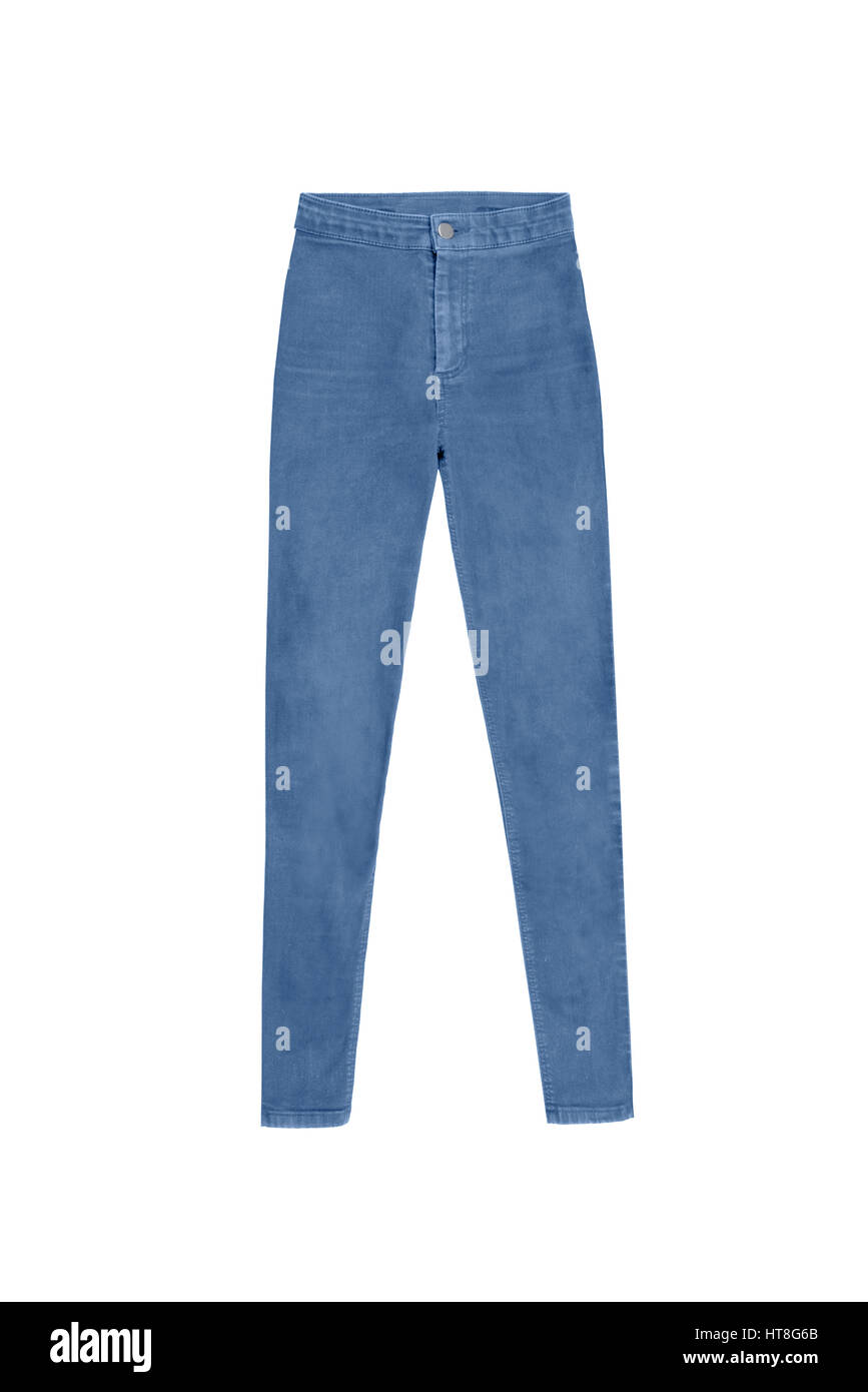 La mujer skinny azul jeans pantalones de cintura alta, aislado sobre fondo  blanco Fotografía de stock - Alamy