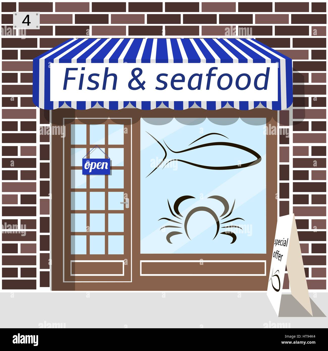 Tienda de pescados y mariscos. Ilustración del Vector