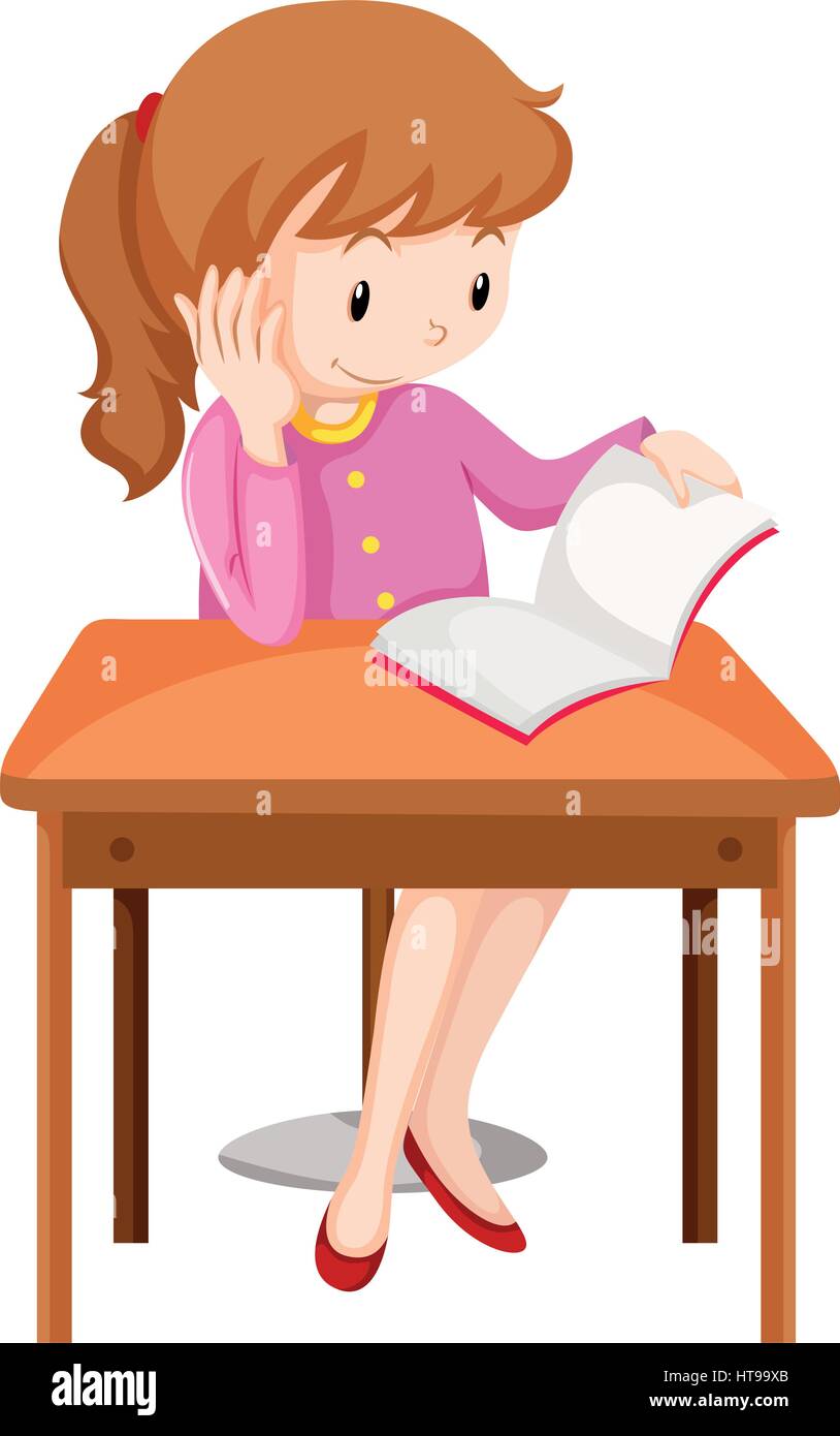Chica Leyendo Un Libro Sobre La Ilustracion De Escritorio Imagen Vector De Stock Alamy