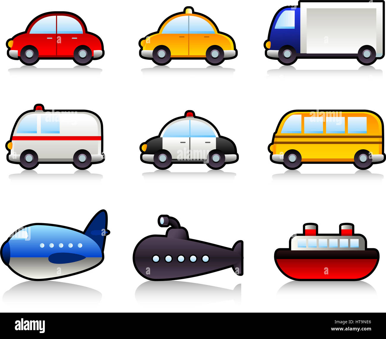 Medios de Transporte: En coche, taxi, camión, camión, autobús, coche de  policía, ambulancia, autobús escolar, submarinos, aviones, buques.  Ilustración vectorial de dibujos animados Fotografía de stock - Alamy