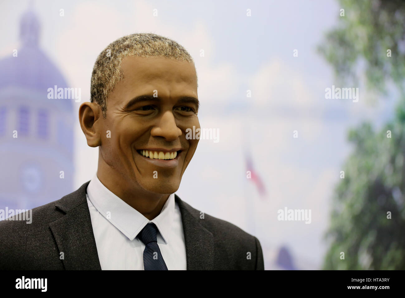 Shenyan, China. 9 Mar, 2017. Una figura de cera de Barack Obama en una expo en Shenyang, noreste de China. Figuras de Cera de celebridades chinas e internacionales pueden ser vistos en una expo en Shenyang, noreste de China de Liaoning proporcionar, Marzo 9th, 2017. Crédito: SIPA Asia/Zuma alambre/Alamy Live News Foto de stock
