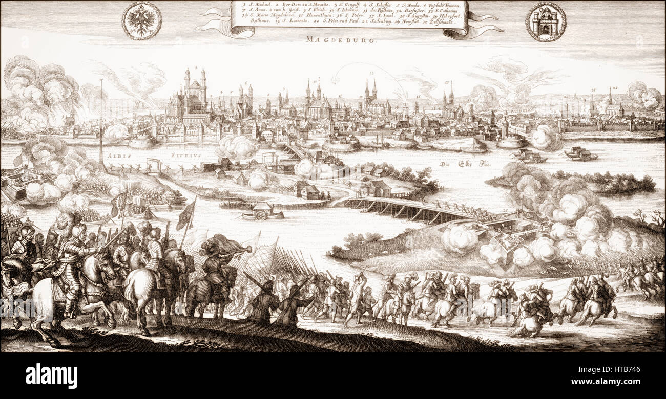 El asedio y destrucción de Magdeburgo en 1631 por tropas imperiales bajo Tilly y Pappenheim durante la Guerra de los Treinta Años Foto de stock