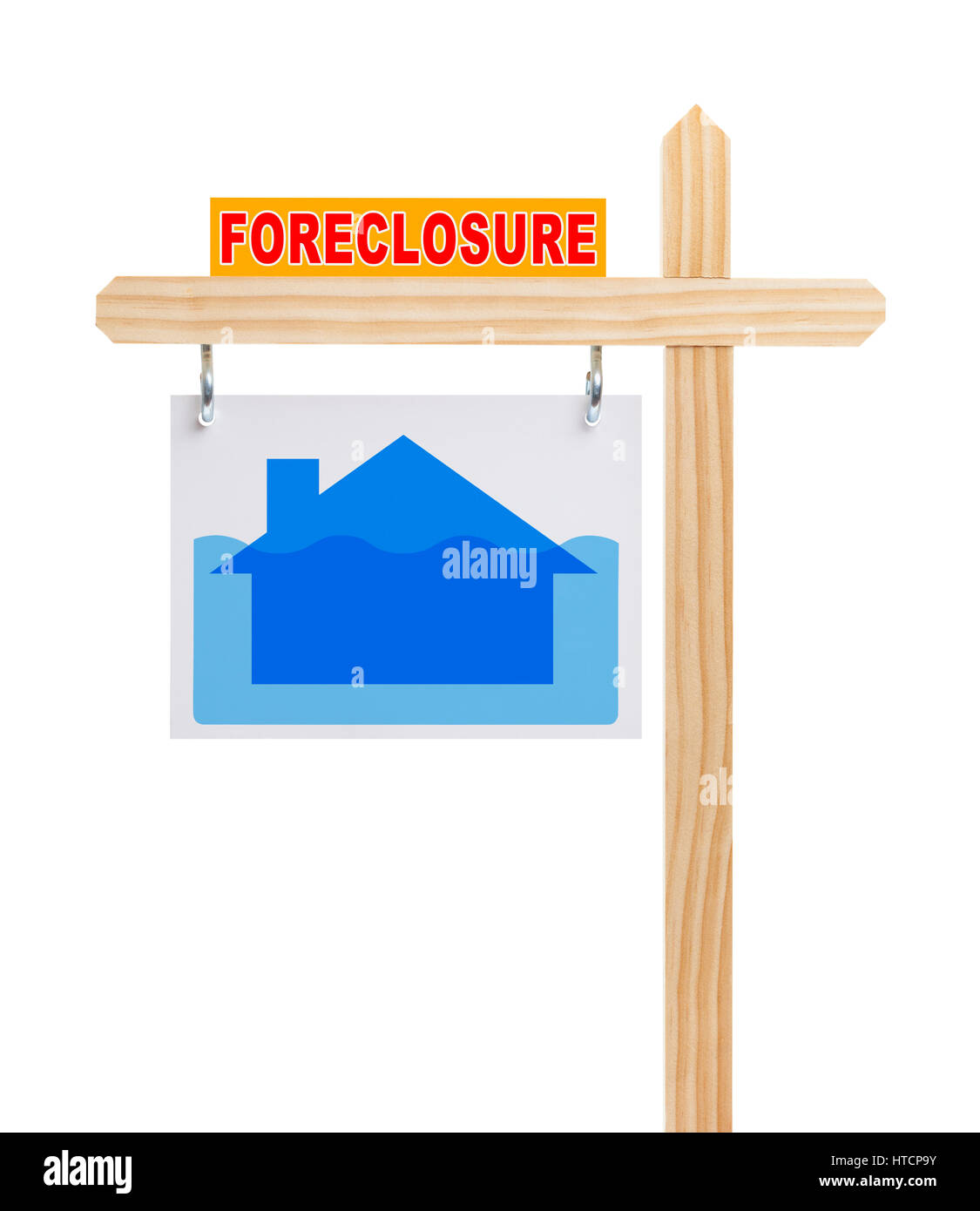 Real Estate Foreclosure cartel con casa aislado en blanco bajo el agua. Foto de stock