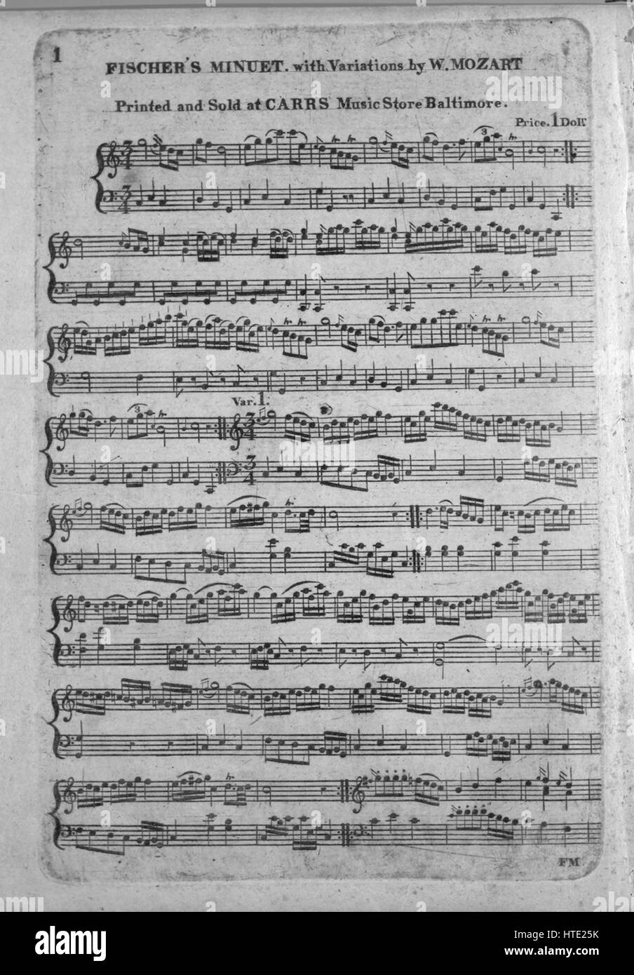 Imagen de cubierta de partituras de la canción "minué de Fischer con  variaciones por W Mozart', con notas de autoría original leyendo 'na',  Estados Unidos, 1900. El editor está clasificada como 'Carrs