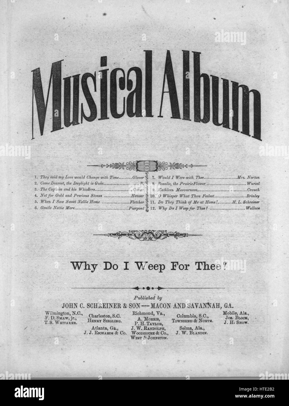 Imagen de cubierta de partituras de la canción 'Málbum musical ¿Por qué he  de llorar por ti?", con la autoría original notas leyendo 'Poesía por  George Linley música de WV Wallace", 1900.