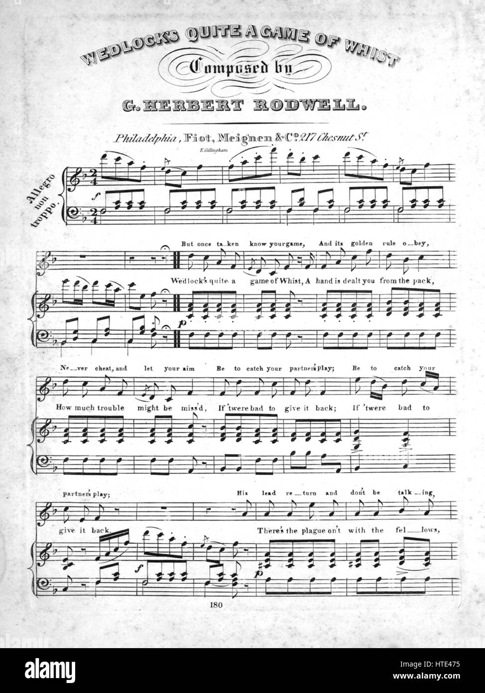 Imagen de cubierta de partituras de la canción "El matrimonio es un juego  de Whist', con notas de autoría original leyendo 'compuesto por G Herbert  Rodwell', Estados Unidos, 1900. El editor está