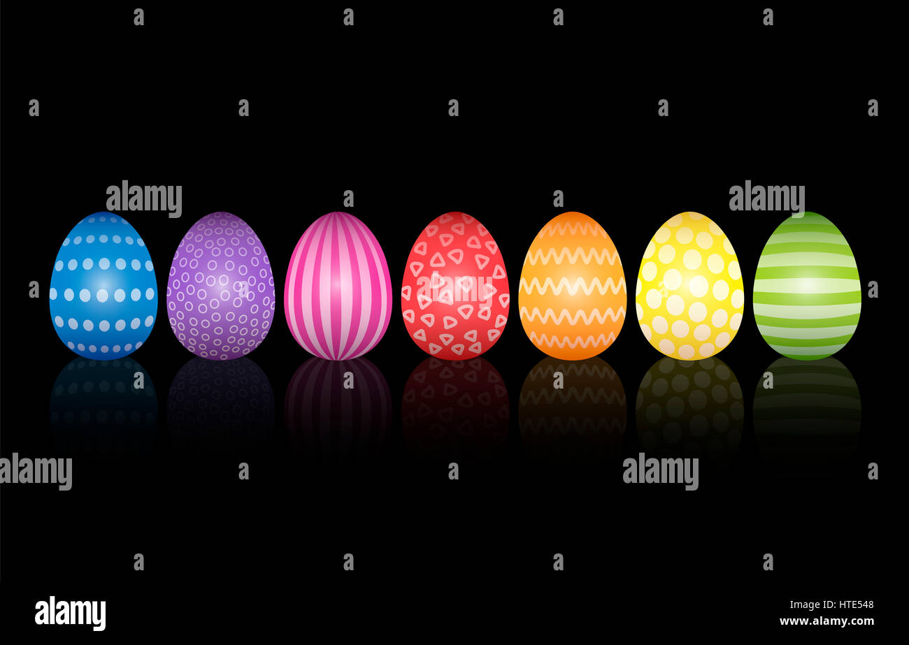 Colección de huevos de Pascua con diferentes colores brillantes y patrones sencillo y ameno. Ilustración sobre fondo negro. Foto de stock