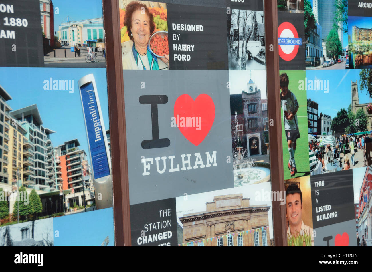 "Me encanta el Fulham' carteles promoviendo el área local, Fulham, Londres, Reino Unido. Foto de stock