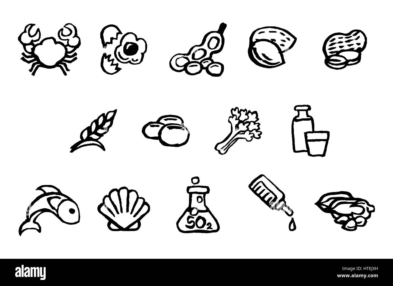 Conjunto de iconos de seguridad alimentaria alergias alergias incluyendo 14 esbozadas por la UE para los consumidores de información alimentaria Reglamento EFSA Autoridad Europea de Seguridad Alimentaria. Foto de stock