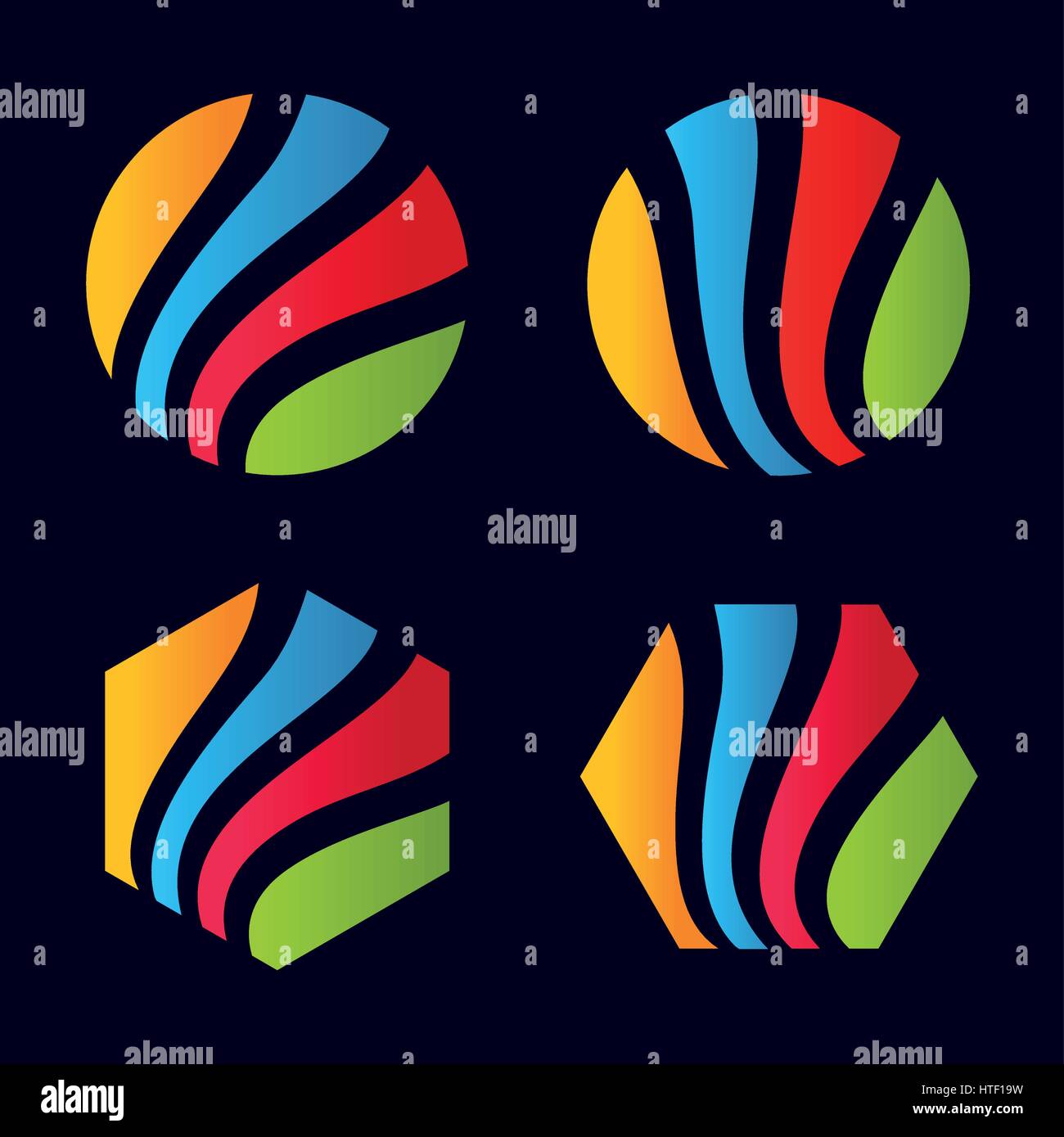 Aislados de rayas coloridas abstracto geométrico del logotipo de forma redonda y hexágonos establecida sobre fondo negro Ilustración del Vector
