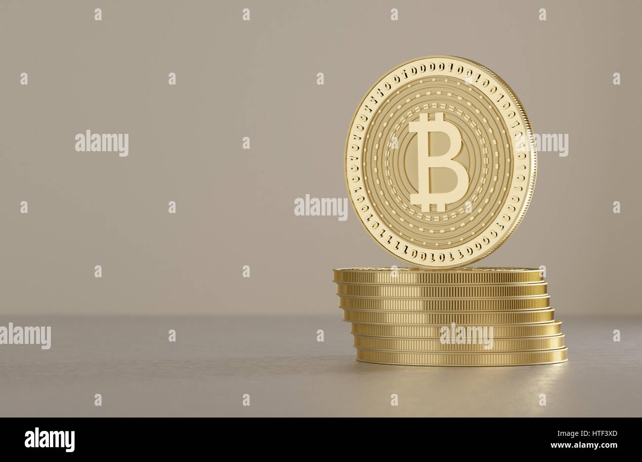 Dos color dorado brillante bitcoins de pie en el piso metálico como concepto de tecnología financiera y cripto-moneda Foto de stock