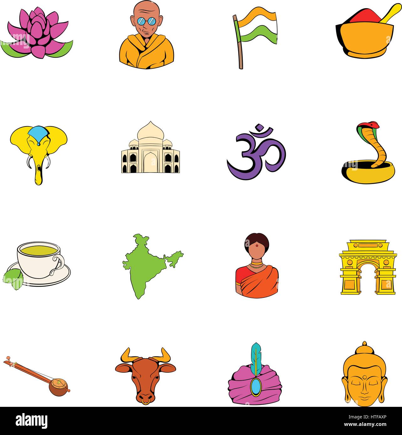 Conjunto de iconos de la India en el estilo de dibujos animados aislado