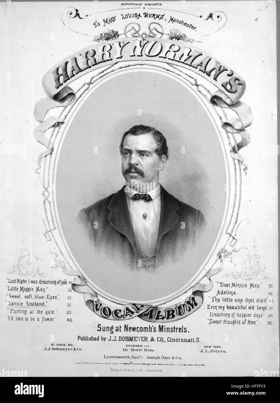 Imagen de cubierta de partituras de la canción 'Bonnie Scotland, TE ADORO  Harry Norman Álbum Vocal", con notas de autoría original leyendo 'Escrito y  compuesto por T Gordon", 1867. El editor figura