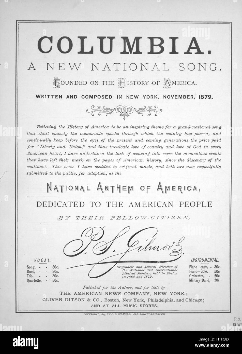 Imagen de cubierta de partituras de la canción 'Columbia un nuevo himno  nacional, fundada en la historia de América", con notas de autoría original  leyendo 'escrita y compuesta en la Ciudad de