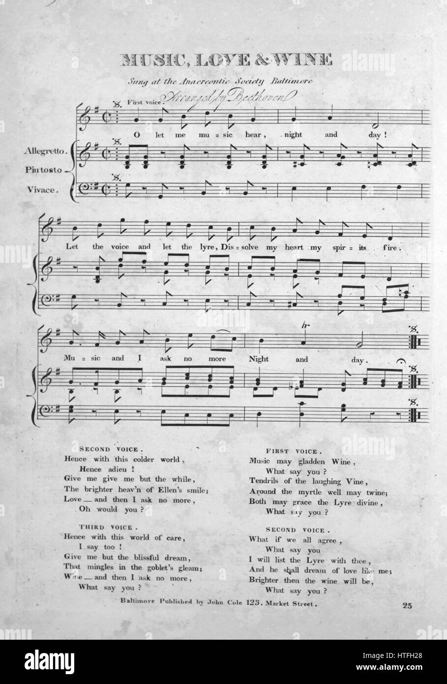 Imagen de cubierta de partituras de la canción 'Música, el amor y el Vino",  con notas de autoría original leyendo 'Beethoven', organizado por Estados  Unidos, 1900. El editor está clasificada como 'John