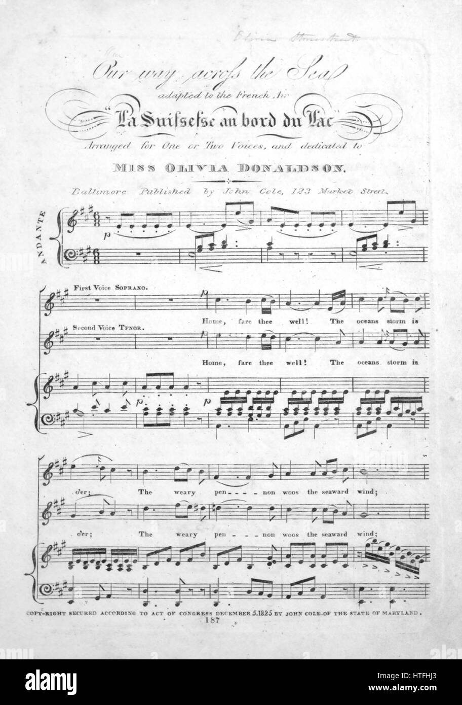 Imagen de cubierta de partituras de la canción 'nuestro camino cruzando el  mar", con notas de autoría original leyendo 'adaptados al aire francés 'La  Suissesse au bord du Lac", organizado por uno