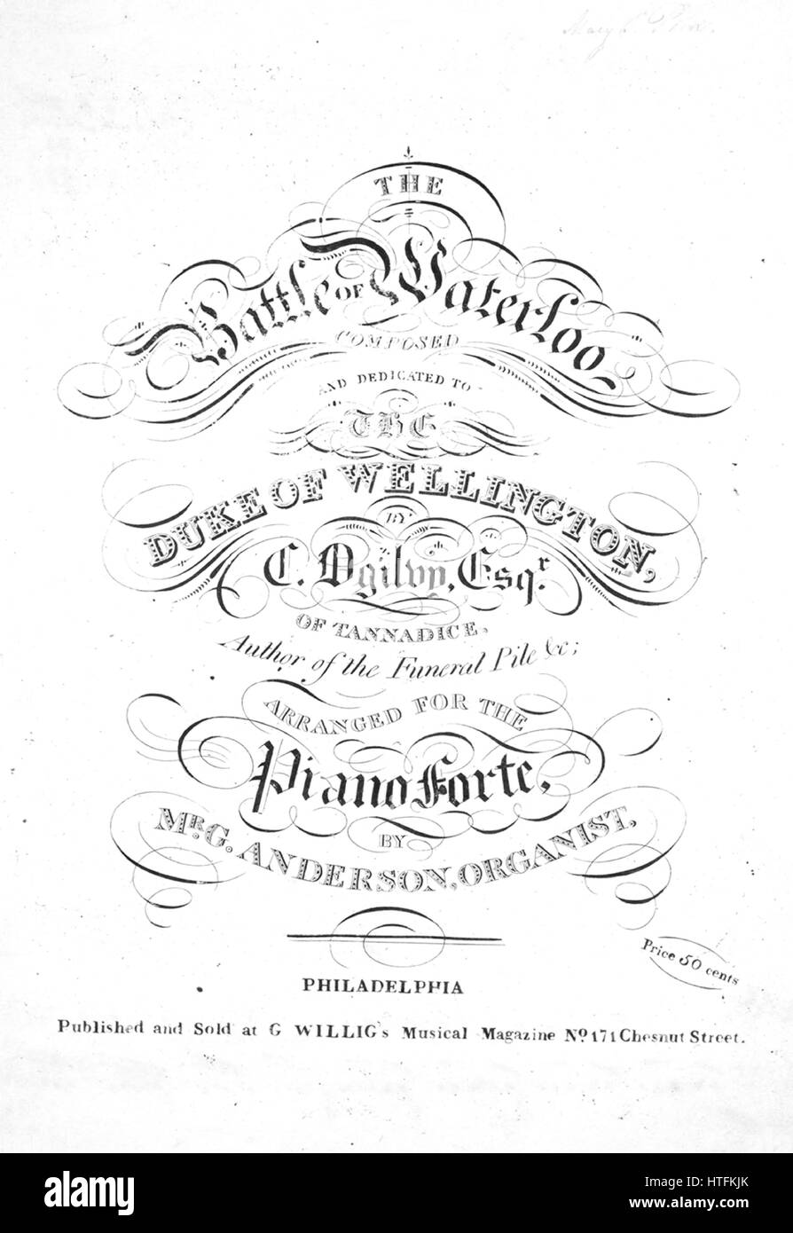 Imagen de cubierta de partituras de la canción "Batalla de Waterloo', con  notas de autoría original leyendo 'Compuesto y arreglado para piano por G  Anderson", 1900. El editor está clasificada como 'n.p.",