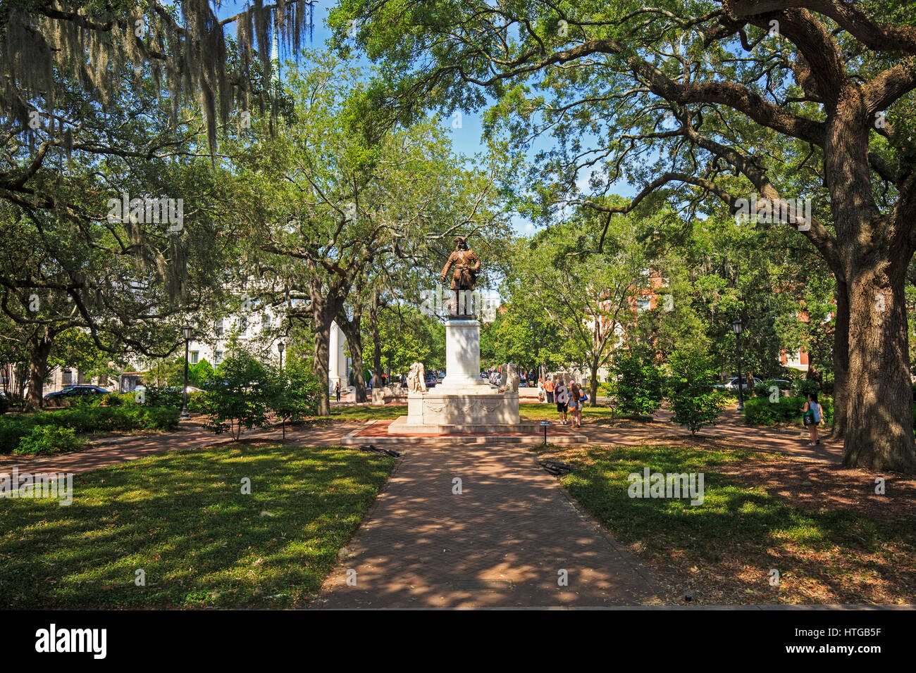 James Oglethorpe monumento, Chippewa Square, el centro de Savannah. Georgia, fundador de la colonia de Georgia, diseñado por Daniel Chester French Foto de stock