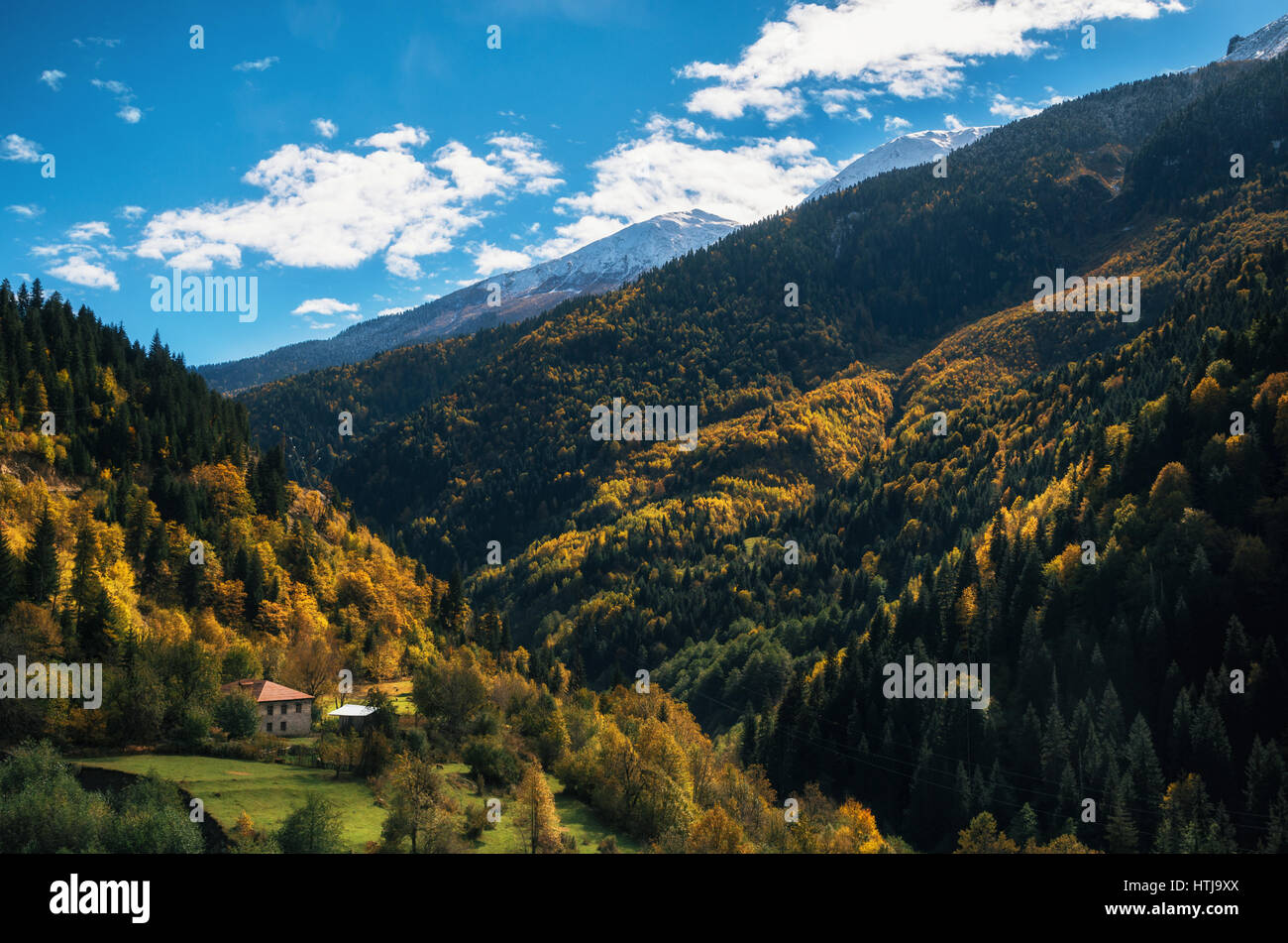 Colorido paisaje otoñal en la aldea de montaña. Una casa aislada entre las montañas y el colorido bosque. Mañana soleada en Svaneti. Georgia Foto de stock