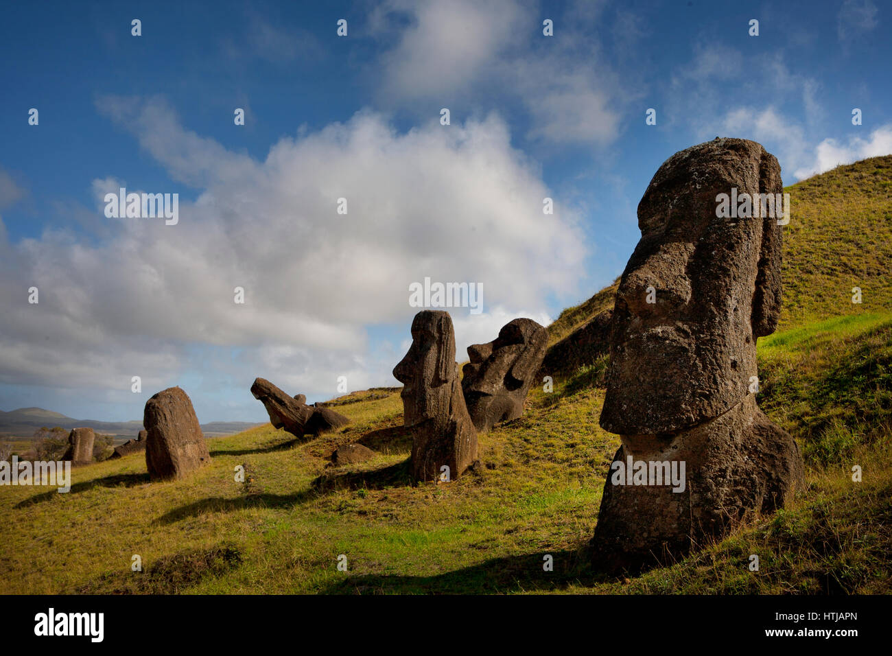 Gigantes de piedra monolítica estatuas moai en Rano Raraku, Rapa Nui (Isla de Pascua), Sitio de Patrimonio Mundial de la UNESCO, Chile, Sudamérica Foto de stock