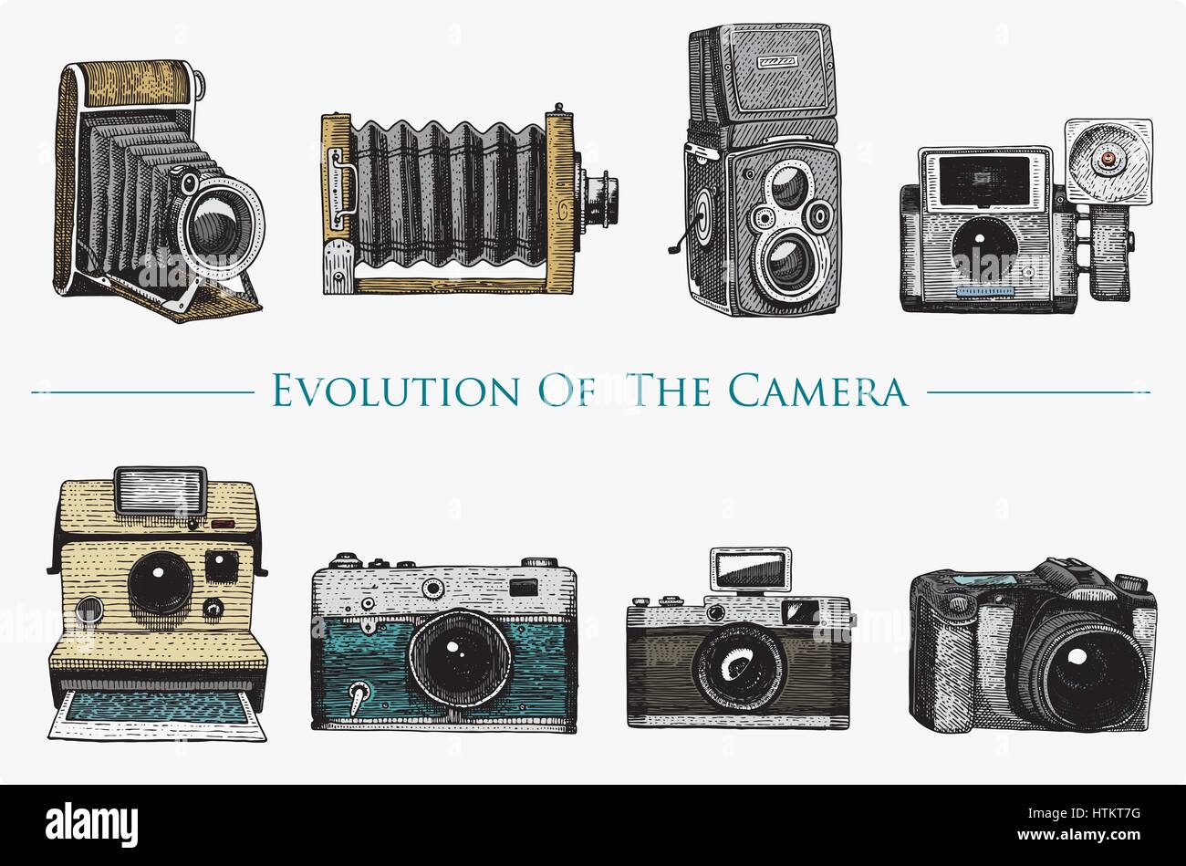 Evolución de la fotografía, el vídeo, el cine, la película desde la primera  cámara hasta ahora vintage, grabado dibujado a mano en croquis o corte de  madera de estilo antiguo, buscando lentes