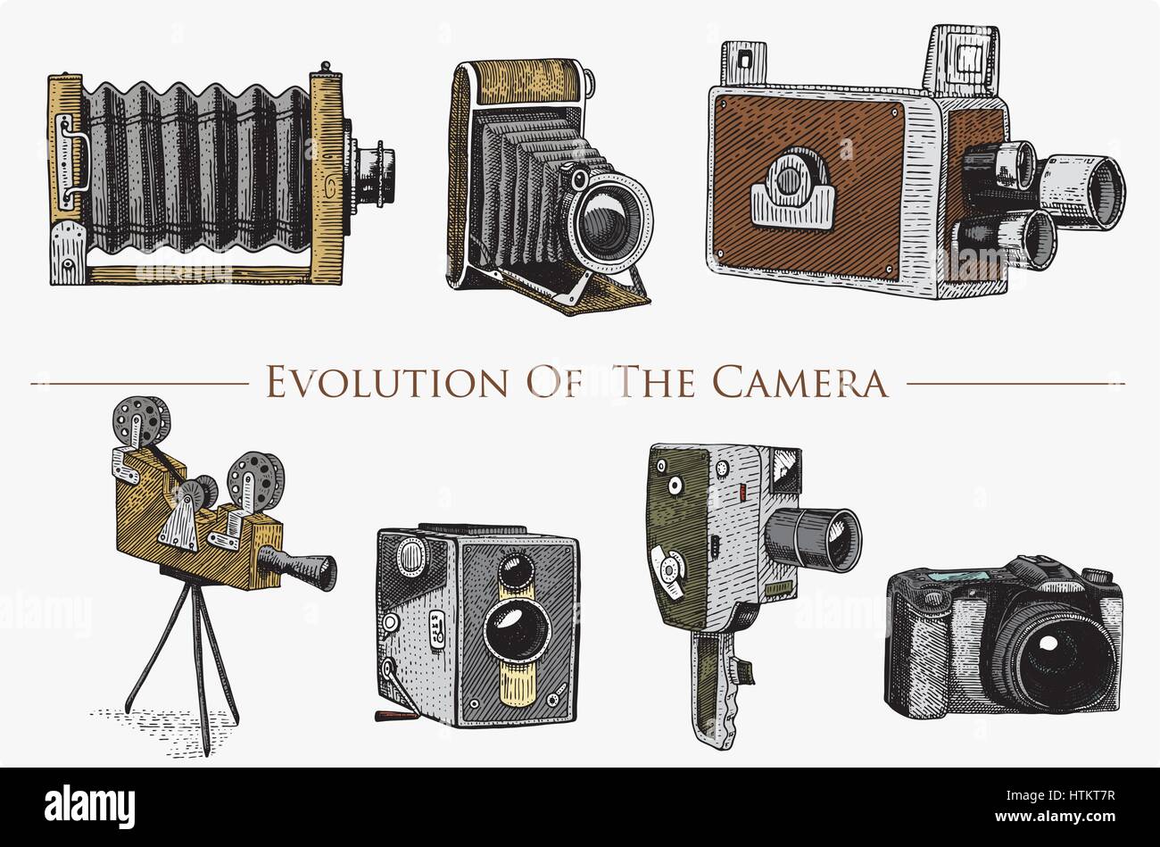 Evolución de la fotografía, el vídeo, el cine, la película desde la primera  cámara hasta ahora vintage, grabado dibujado a mano en croquis o corte de  madera de estilo antiguo, buscando lentes