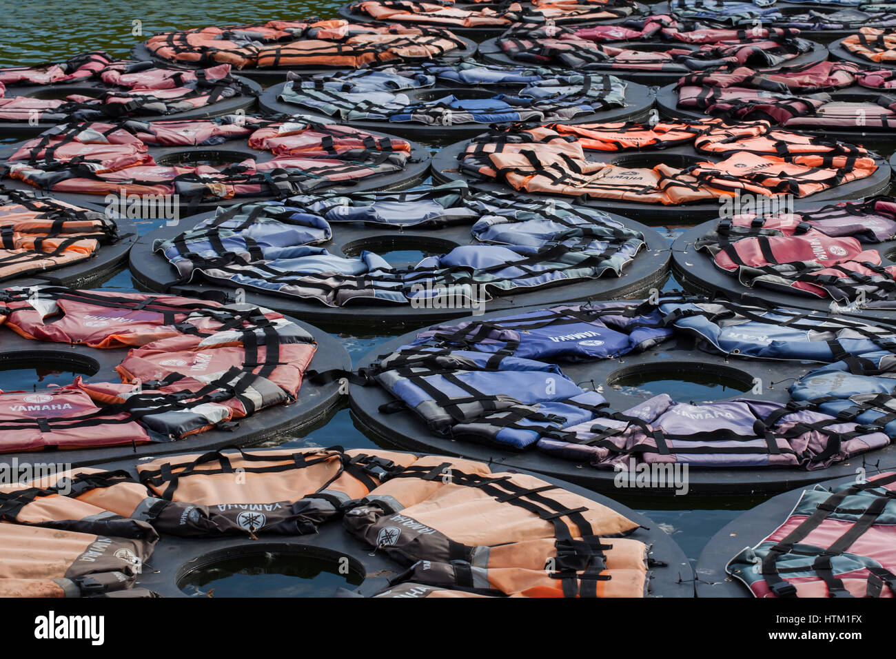 Instalación flotante de 1.005 chalecos salvavidas en la forma de un loto  titulado F Lotus por el artista contemporáneo chino Ai Weiwei (2016) en la  pantalla del estanque barroca en los jardines