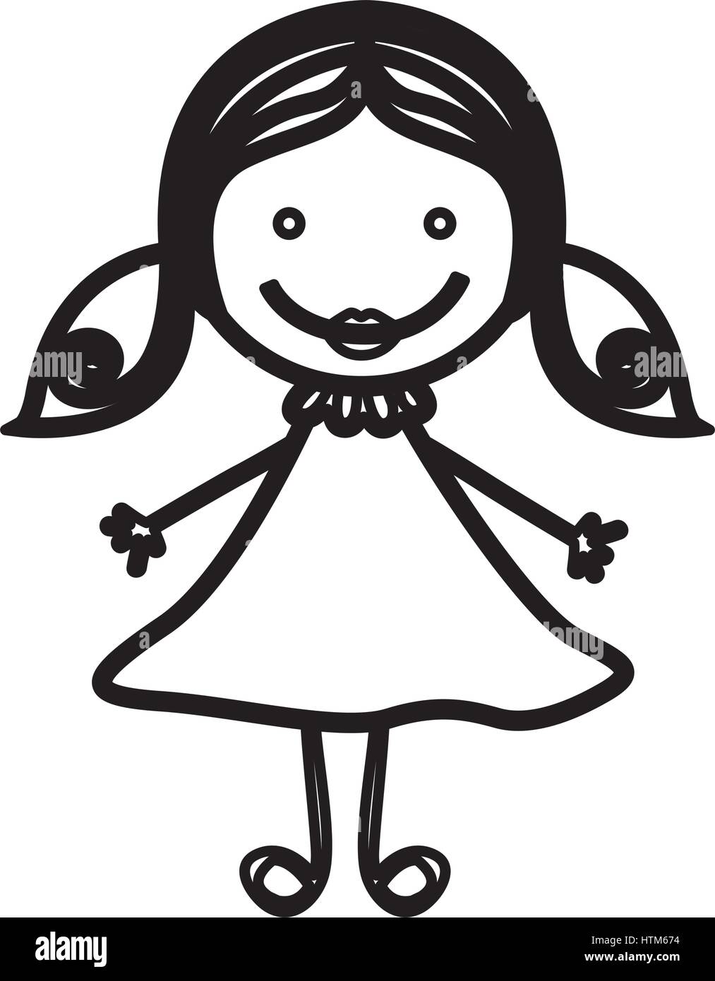 Vista frontal de la silueta sketch chica con cabello pigtails Ilustración del Vector