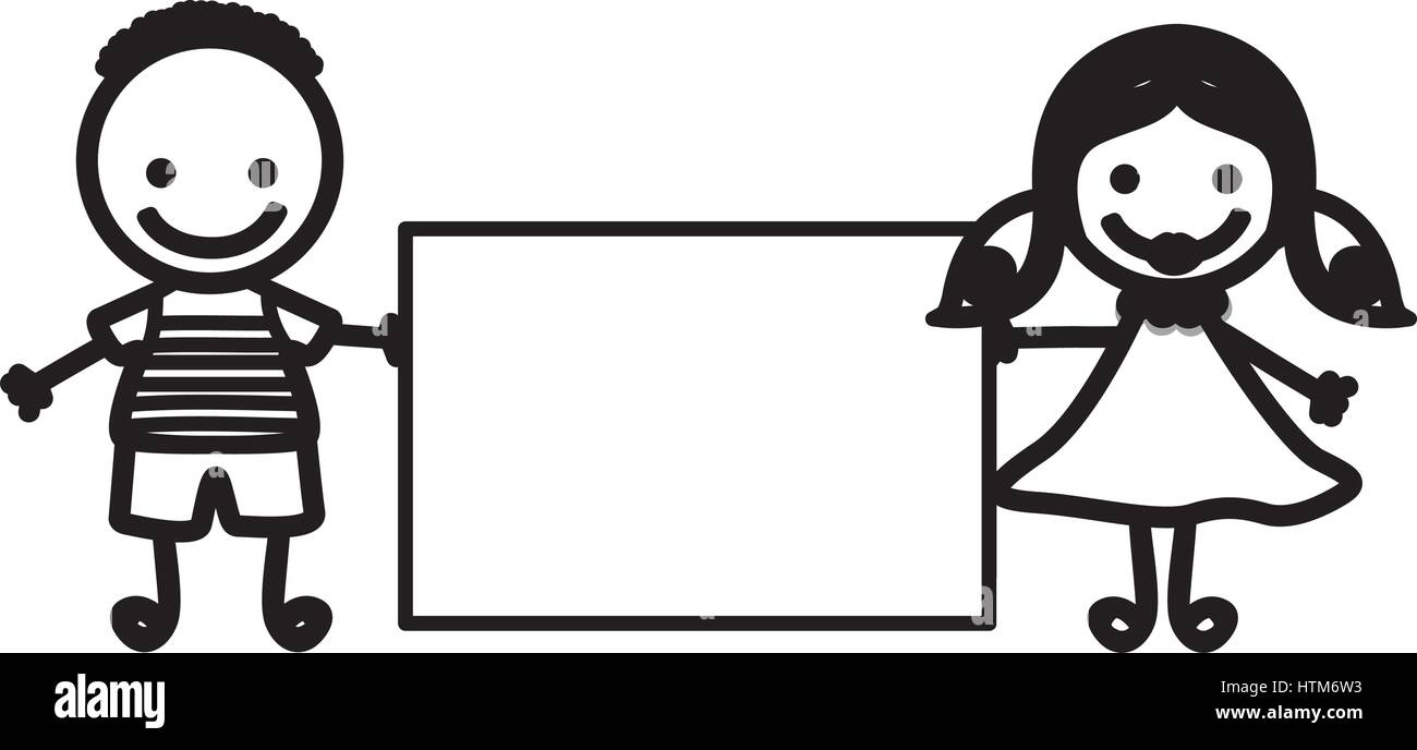 Dibujo silueta pareja joven con peinado y la chica con el cabello pigtails con banner Ilustración del Vector